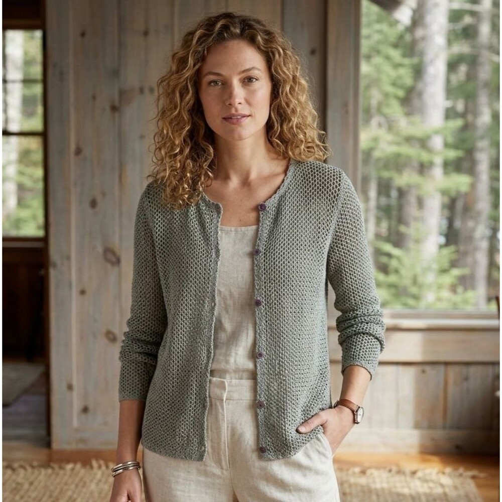 LL Bean Crochet Cardigan Womens Sz L Sage Open Knit Sweater Coastal Cottagecore